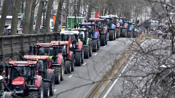 Фермеры на тракторах блокируют движение в центре Брюсселя во время демонстрации против плана по снижению уровня нитратов - Sputnik Латвия