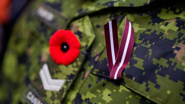 Красный мак - символ жертв всех военных и гражданских вооруженных конфликтов и латвийская ленточка на форме канадского военнослужащего - Sputnik Латвия